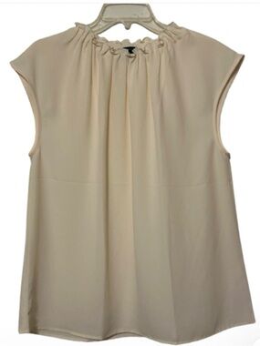 Ann Taylor Factory Ruffled Neck Cap Sleeve Cream Top Shell L